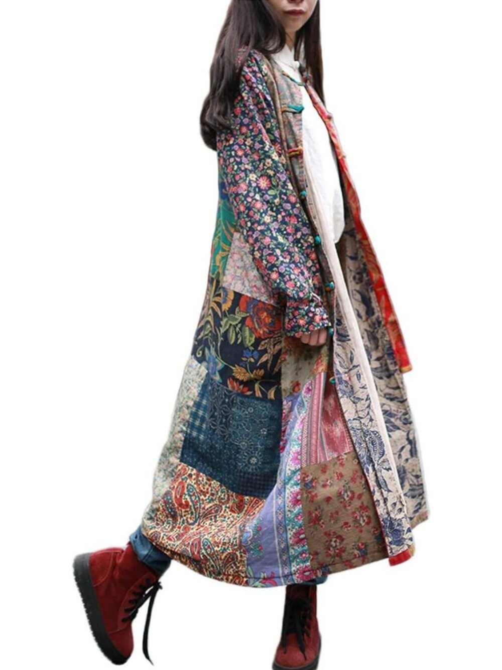 Bohemian Floral Patchwork Trench Coat | Long Cotton Linen Duster Jacket